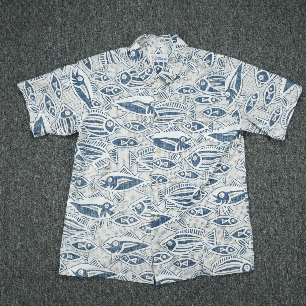 Reyn Spooner Shirt Youth Large White Blue Short Sleeve Aloha Fish Boys
